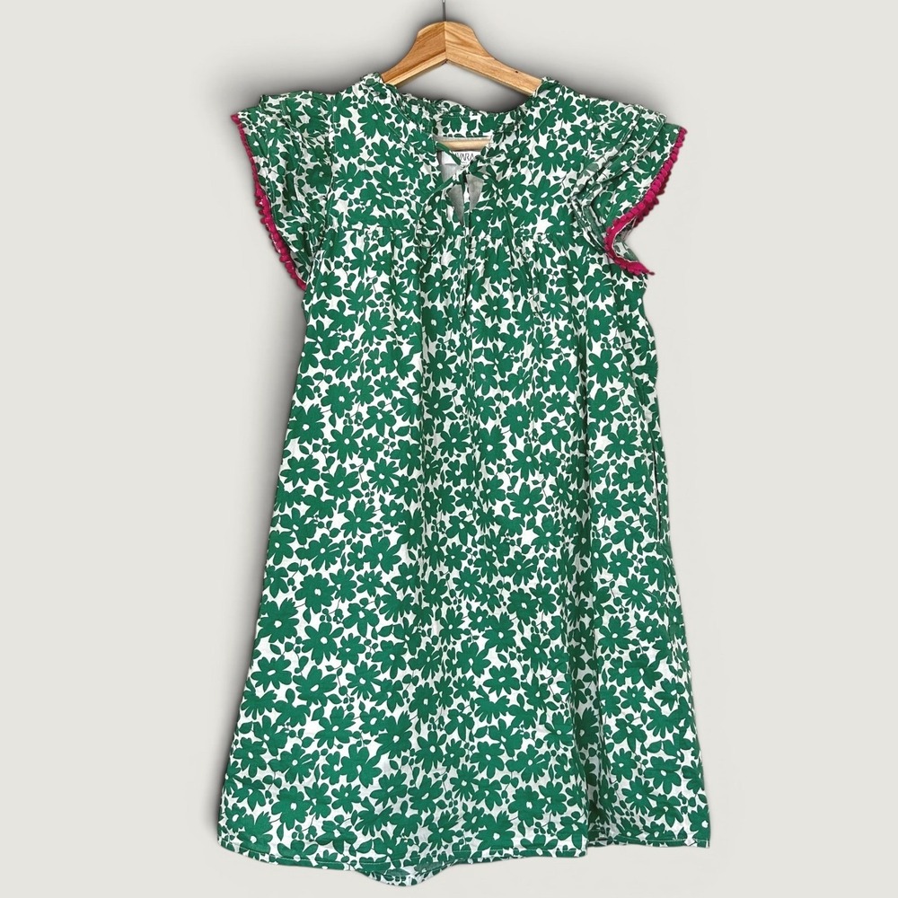 Avara Women's Small Green Pink Floral Ruffle Sleeve Dress Boho Spring Summer
